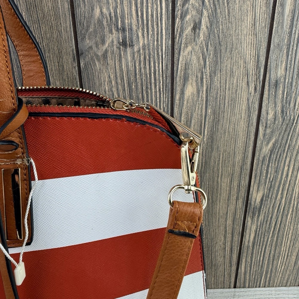 Michael Kors Red White Striped Satchel Crossbody Bag Gold Tone Charm Purse - Picture 4 of 16